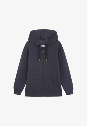 Sudadera con cremallera en azul marino hecha de tela suave, con capucha ajustable, dos bolsillos frontales y puños y dobladillo acanalados.