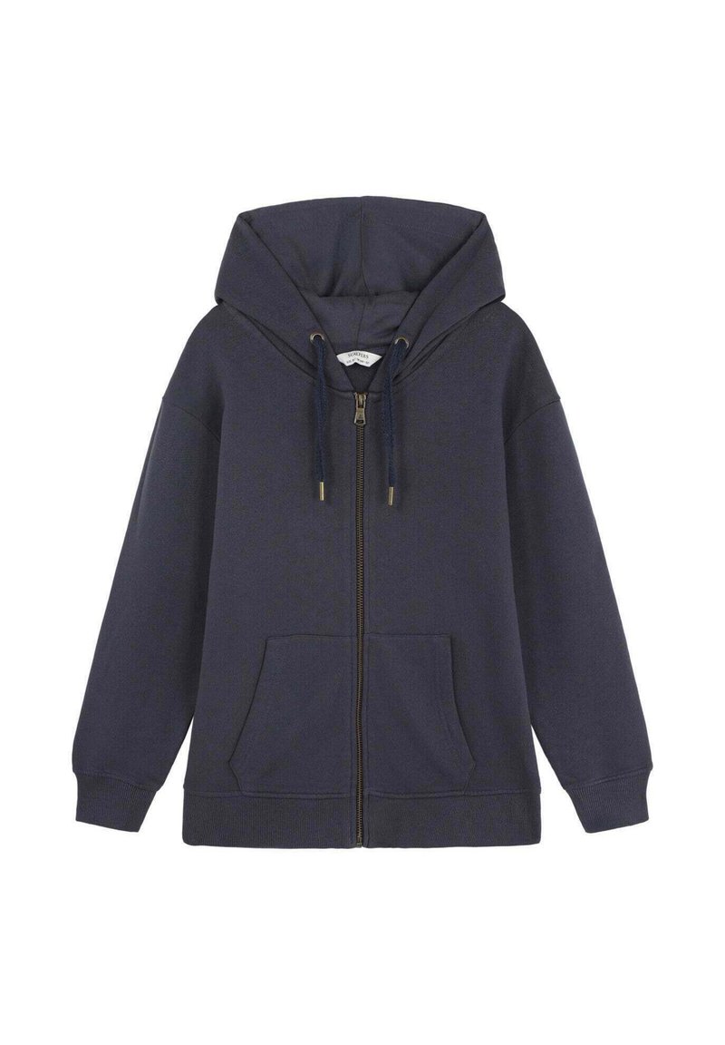Sudadera con cremallera en azul marino hecha de tela suave, con capucha ajustable, dos bolsillos frontales y puños y dobladillo acanalados.