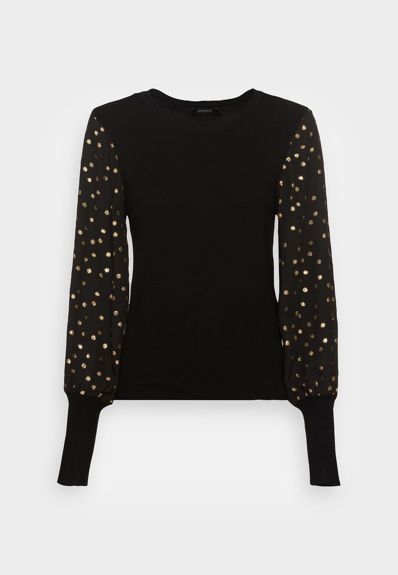 Black long-sleeve top with fitted ribbed body and flowing sleeves featuring gold polka dot pattern. Soft texture, round neckline, and cuffed sleeves.