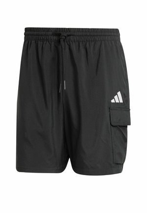 Shorts de bain noirs avec une taille élastique et un cordon de serrage, une poche cargo sur le côté et un logo imprimé sur le bas à l'avant.