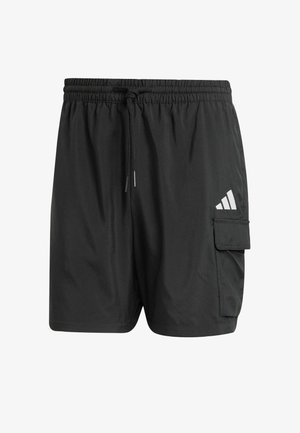 Juodos maudymosi šortai su elastine juosta ir raišteliu, šonine kišenė su užtrauktuku bei spausdintu logotipu apatinėje priekinėje dalyje.