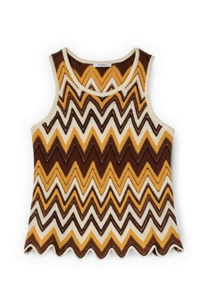 Ærmeløs striktop med zigzag-mønster i brune, gule og creme farver, med rund halsudskæring og skåret kant.