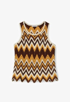 Top de punto sin mangas con patrón de zigzag en tonos marrón, amarillo y crema, con escote redondo y dobladillo festoneado.