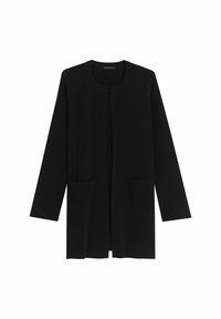Svart lång cardigan i mjukt tyg, med rund halsringning, öppen front, två framfickor och långa ärmar. Enkelt, sömlöst design.
