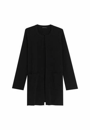 Svart lång cardigan i mjukt tyg, med rund halsringning, öppen front, två framfickor och långa ärmar. Enkelt, sömlöst design.