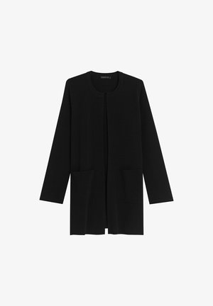 Black long cardigan made of soft fabric, featuring a round neckline, open front, two front pockets, and long sleeves. Simple, seamless design.