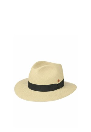 Light beige woven fedora hat with a wide black band and a small round emblem on the side.