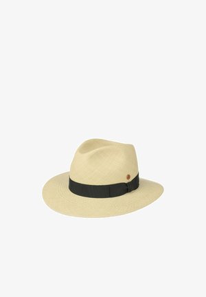 Light beige woven fedora hat with a wide black band and a small round emblem on the side.