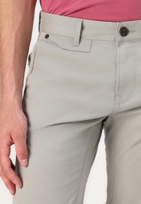 Pantalons gris clair en tissu lisse, dotés d'une fermeture à bouton et à zip, de poches avant et de détails de couture subtils.