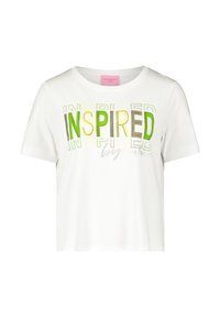 T-shirt en coton blanc avec col rond et manches courtes, avec un imprimé graphique "INSPIRED" en vert, gris et jaune et des détails cloutés.