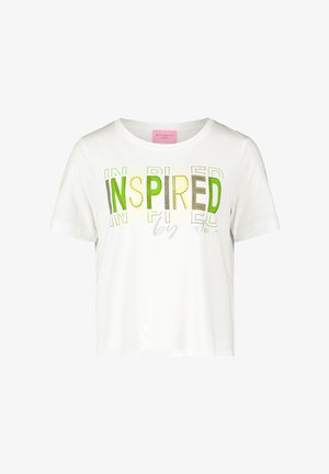 T-shirt en coton blanc avec col rond et manches courtes, avec un imprimé graphique "INSPIRED" en vert, gris et jaune et des détails cloutés.