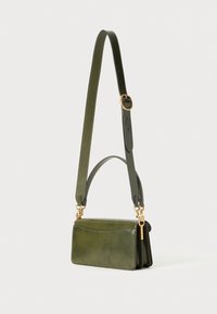 Rectangular green leather handbag with a flat design, a long adjustable strap, and gold hardware accents. Smooth texture and minimalist detailing.