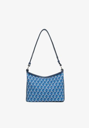 Borsa a tracolla blu con un design a motivo che presenta forme geometriche chiare e scure. Realizzata in materiale strutturato con una lunga tracolla.
