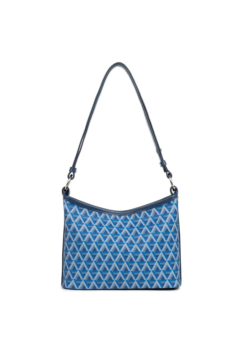 Borsa a tracolla blu con un design a motivo che presenta forme geometriche chiare e scure. Realizzata in materiale strutturato con una lunga tracolla.