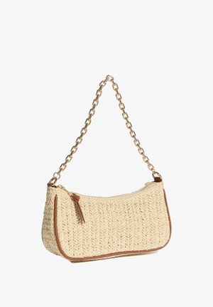 Bēša austā plecu soma ar brūniem apdares elementiem un zelta ķēdes siksnu, aprīkota ar rāvējslēdzēja aizdari un ādas cilpu.