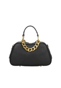 Borsa a mano in pelle nera con finitura testurizzata, caratterizzata da una forma arrotondata, doppi manici superiori e un evidente dettaglio a catena dorata.
