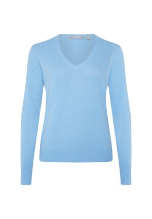 Maglione pullover azzurro chiaro, design a v, maniche lunghe, polsini e orlo a coste, realizzato in morbido tessuto lavorato a maglia, texture liscia.