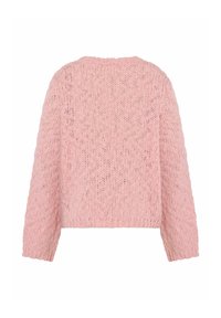 Maglione lavorato a maglia rosa chiaro, caratterizzato da una vestibilità ampia, maniche lunghe e un motivo testurizzato. La vista posteriore mostra l'orlo a coste e una trama aperta e morbida.