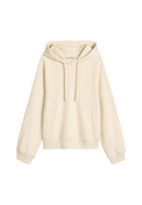 Crème hoodie met een relaxed fit, geribbelde boorden en zoom, met een diagonale naadontwerp en trekkoorddetails bij de capuchon.