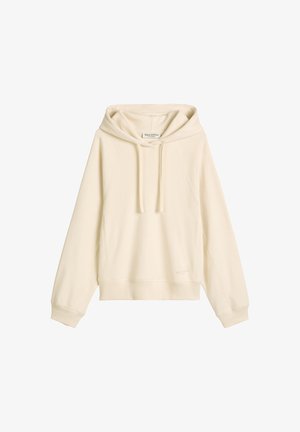 Crème hoodie met een relaxed fit, geribbelde boorden en zoom, met een diagonale naadontwerp en trekkoorddetails bij de capuchon.