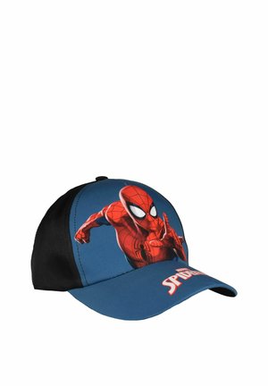 Blaue und schwarze Kappe mit Spider-Man in einer Netz-schießenden Pose auf dem Frontpanel, mit dem Schriftzug „Spider-Man“ am Schirm.