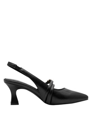 Chaussure à talon bas incurvé en cuir noir à bout pointu avec bride arrière et deux fines sangles croisées sur le dessus.