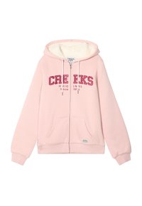Felpa con zip rosa, foderata in morbido peluche. Presenta il testo audace "CREEKS ORIGINAL" in rosa scuro, due tasche frontali e polsini a coste.