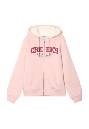 Rosa Zip-Hoodie mit weichem, plüschigem Innenfutter. Mit auffälligem "CREEKS ORIGINAL"-Text in Dunkelpink, zwei Fronttaschen und gerippten Bündchen.