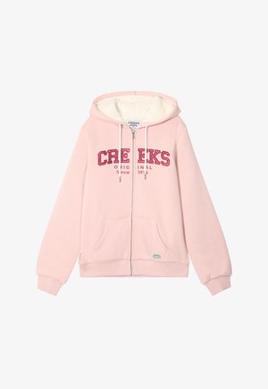 Rosa Zip-Hoodie mit weichem, plüschigem Innenfutter. Mit auffälligem "CREEKS ORIGINAL"-Text in Dunkelpink, zwei Fronttaschen und gerippten Bündchen.
