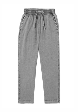 Pantalon jogger en denim gris avec ceinture élastique et cordon, avec poches latérales et jambes droites.