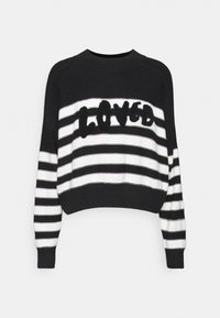 Zwart-wit gestreepte cropped sweater met een getextureerde "LOVED" slogan in het midden, voorzien van een klassieke ronde halslijn en geribbelde manchetten.