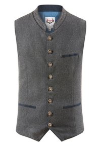 Grau Wollweste mit hohem Kragen, sieben Knöpfen und zwei Fronttaschen. Mit blauen Akzenten und taillierter Passform.