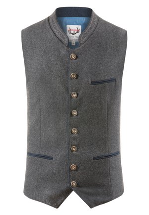 Grau Wollweste mit hohem Kragen, sieben Knöpfen und zwei Fronttaschen. Mit blauen Akzenten und taillierter Passform.