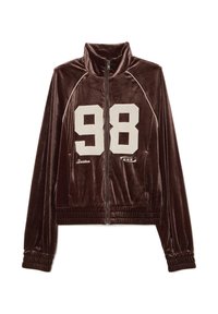 Giacca zip-up in velluto marrone con colletto alto, caratterizzata dal numero "98" in crema e "Boston" ricamato sotto. Polsini e orlo a costine.