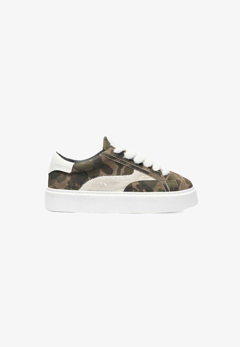 Camo print sneakers with a textured upper in shades of green and beige, featuring white laces and a thick white rubber sole.