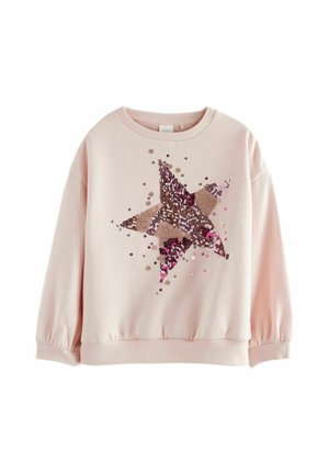 Lyserød langærmet sweatshirt med ribbet kant ved ærmer og nederst, med et stort flerfarvet palietstjerne-design på forsiden.