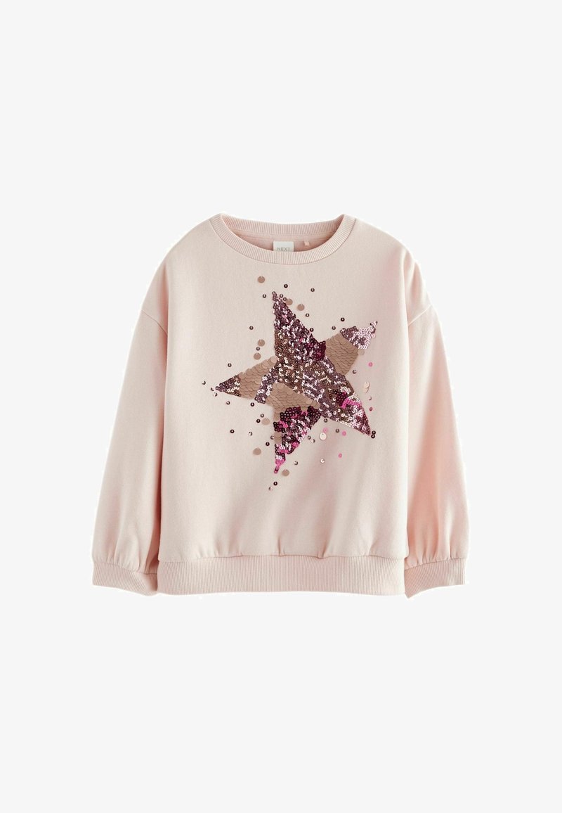Sweatshirt rose pâle à manches longues avec poignets et ourlet côtelés, présentant un grand motif d'étoile multicolore en sequins sur le devant.