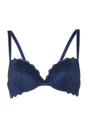 Reggiseno in pizzo blu navy con bordi scallopati, spalline regolabili e un piccolo fiocco al centro davanti.