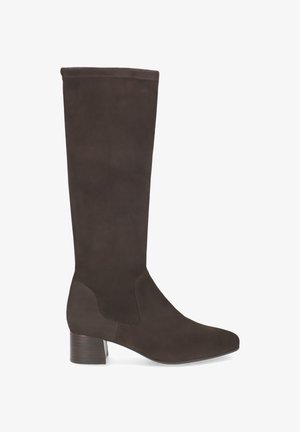 Braunes Wildleder-Kniehochstiefel mit quadratischer Spitze, Blockabsatz und glatter Oberfläche, ausgestattet mit einem nahtlosen Design und robuster Konstruktion.