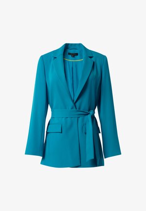 Blazer turquoise à manches longues, col cranté, coupe ajustée, ceinture à nouer à l'avant et deux poches à rabat. Tissu lisse et léger.