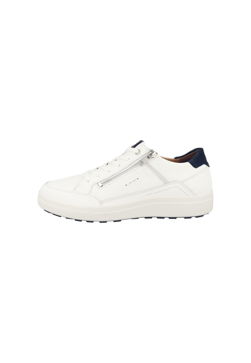 Hvide lædersneakers med marineblå accenter, der har snørebånd foran og lynlås i siden, tyk hvid sål og struktureret tåhætte.