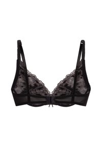 Sostenedor negro de encaje con tirantes ajustables, banda de malla transparente, soporte con aros y un pequeño lazo decorativo en la parte central del frente.