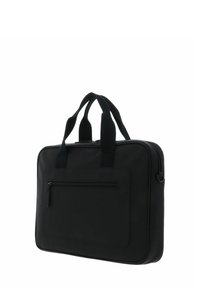 Schwarze Laptop-Tasche mit zwei oberen Tragegriffen, einem Reißverschluss-Hauptfach und einer vorderen Reißverschlusstasche. Hergestellt aus langlebigem Material mit glatter Textur.