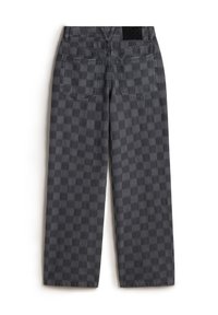 Pantaloni in denim con motivo a scacchiera grigia, design a gamba dritta, caratterizzati da due tasche posteriori e un'etichetta nera in vita.