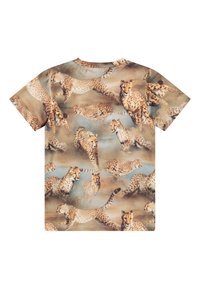T-Shirt mit kurzen Ärmeln aus weichem, leichtem Stoff, mit einem beigen Hintergrund und einem wiederholten Gepardenmuster in verschiedenen Posen und Farben.