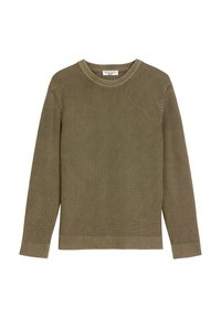 Khaki ribbed pletený svetr s dlouhými rukávy, kulatým výstřihem a strukturovanou tkaninou. Má jednoduchý, čistý design bez dalších ozdob.