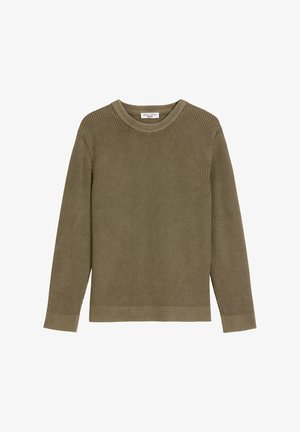 Pulover tricotat cu rigole khaki, cu mâneci lungi, guler rotund și țesătură texturată. Prezintă un design simplu și curat, fără accente suplimentare.