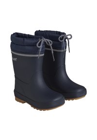 Bottes en caoutchouc imperméables de couleur marine avec un haut rembourré, un cordon de serrage et une rayure contrastante gris clair, dotées d'une semelle texturée pour une meilleure traction.