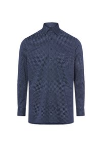 Marineblaues Hemd mit Knopfleiste und einem geometrischen weißen Punktmuster. Es hat einen Kentkragen und lange Ärmel. Hergestellt aus glattem Stoff.