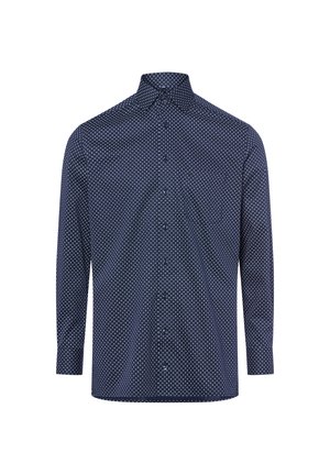 Marineblaues Hemd mit Knopfleiste und einem geometrischen weißen Punktmuster. Es hat einen Kentkragen und lange Ärmel. Hergestellt aus glattem Stoff.
